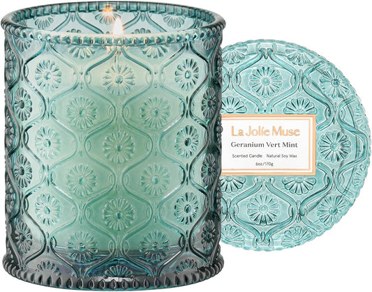 LA JOLIE MUSE Geranium Vert Mint Candle - Mint, Geranium, Lavender | 6 oz Natural Soy Wax | 40 Hours Clean Burn | Fresh Scented Candle | Gift-Ready for Hosts & Gatherings - NestledHome