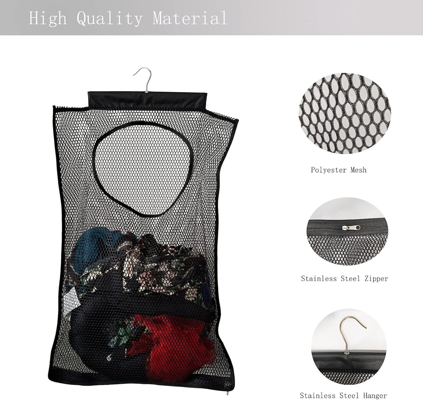 Hanging Mesh Laundry Hamper (30in*20in*2in) Large Dirty Clothes Bag, Can Be Used Behind The Door & Closet & Caravan& Bathroom (Black) - NestledHome