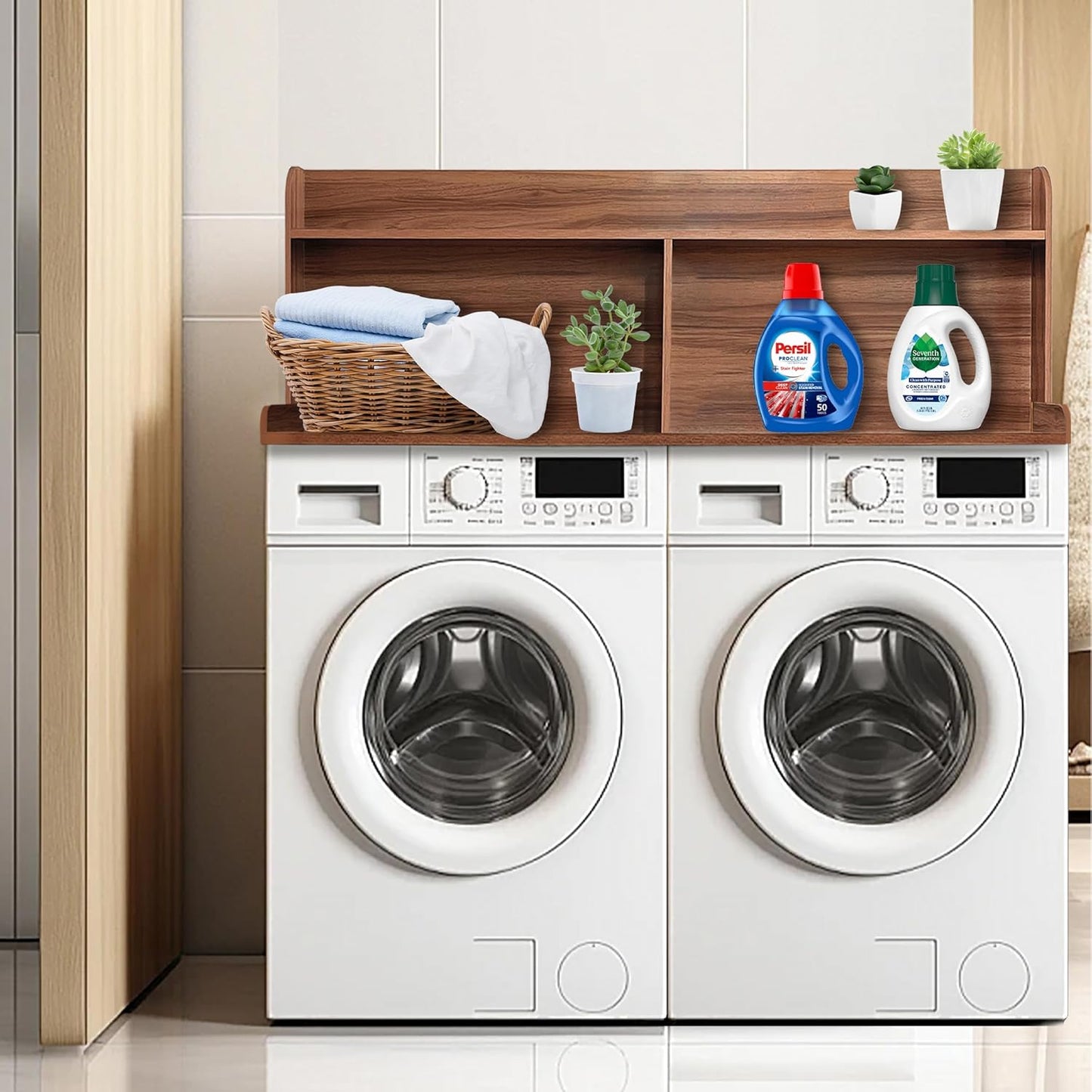 Royxen 2-Tier Washer Dryer Countertop,19.5" H Wood Washer and Dryer Topper with Shelf,Laundry Countertop Over Washer and Dryer, Universal Fit for Laundry Room Organization (Walunt, 54" WX27.5 D) - NestledHome
