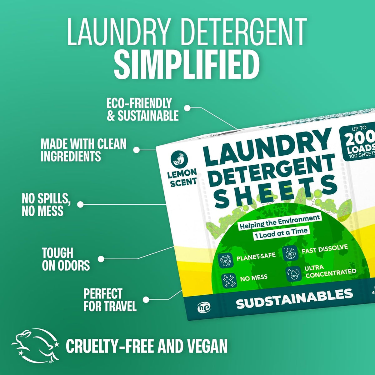 Sudstainables Laundry Detergent Sheets (200 Loads) – Eco-Friendly, Zero Waste, Plastic-Free Laundry Washing Machines Soap Sheets; Dissolvable, Space-Saving Strips for Travel (Lemon) - NestledHome