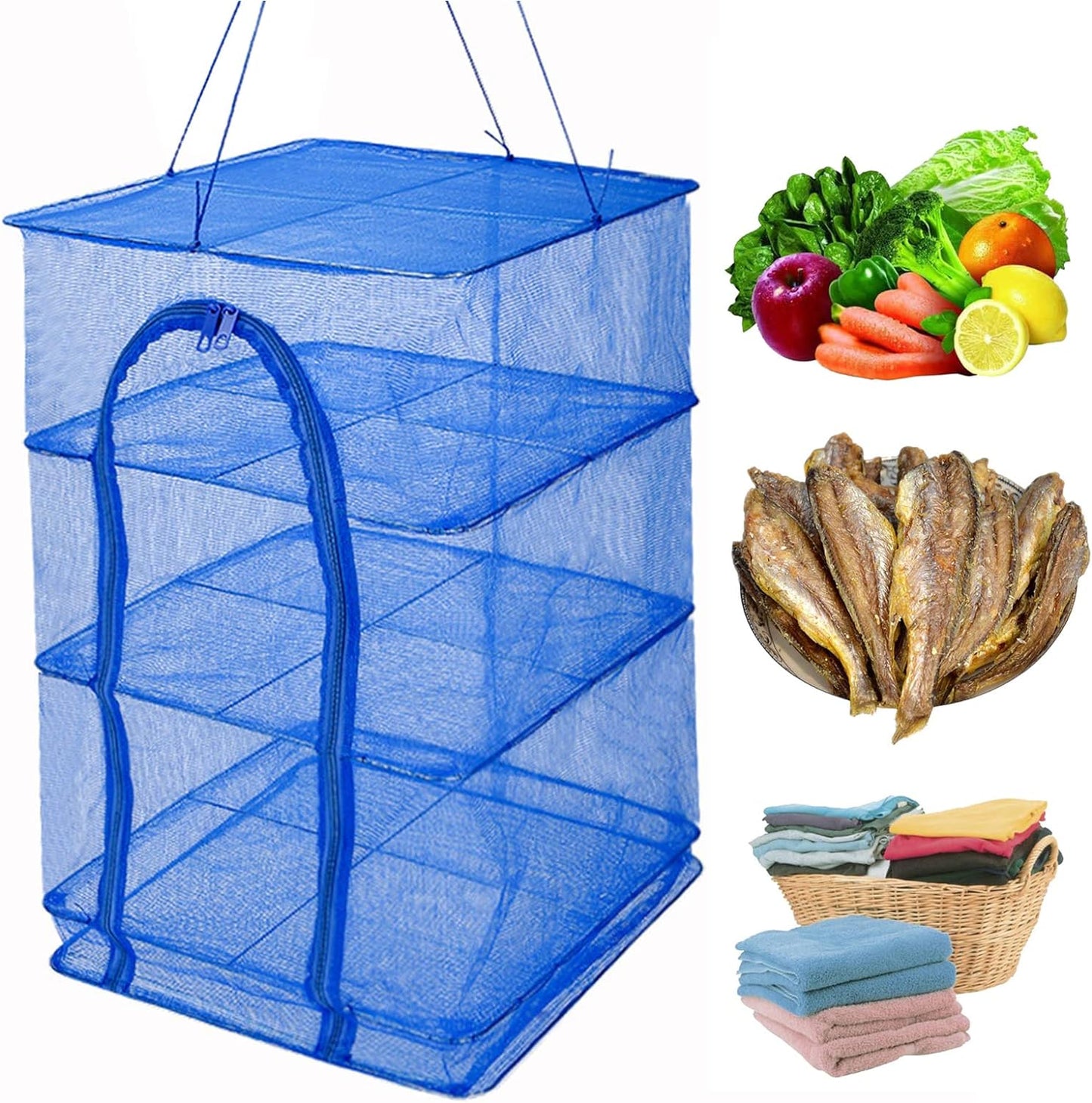 Drying Rack 4 Layers Folding Mesh, Foldable Nylon Netting, Hanging Drying Net, for Shrimp, Fish, Fruit, Vegetables, Herb, with Zipper Opening - Blue (25.59X13.78X13.78 in) - NestledHome