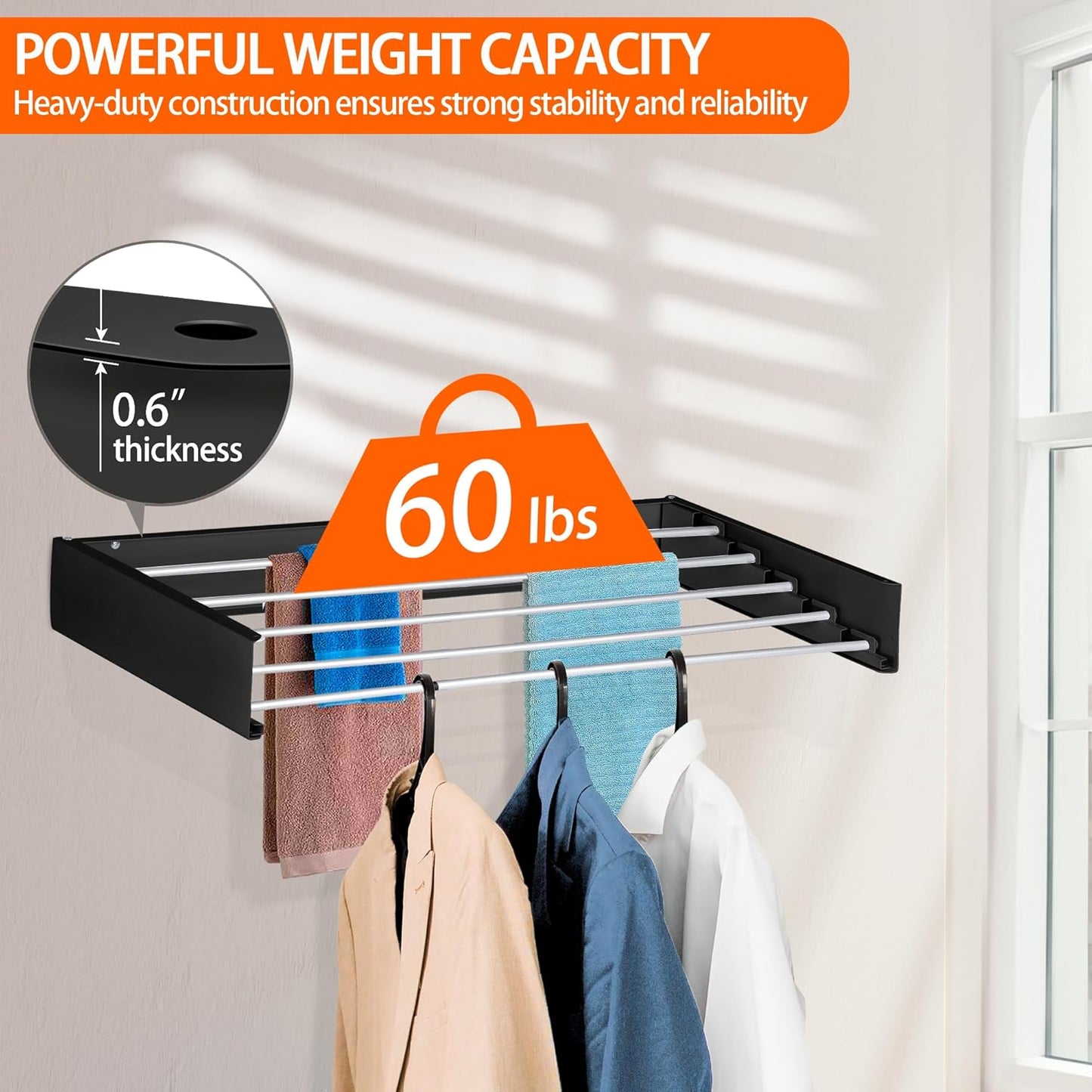 FOCHIER F Laundry Drying Rack Wall Mounted Clothes Drying Rack Collapsible with 5 Aluminum Rods and Drilling Template Long Screwdriver Bit 60 lbs Capacity (Black, 31.5") - NestledHome
