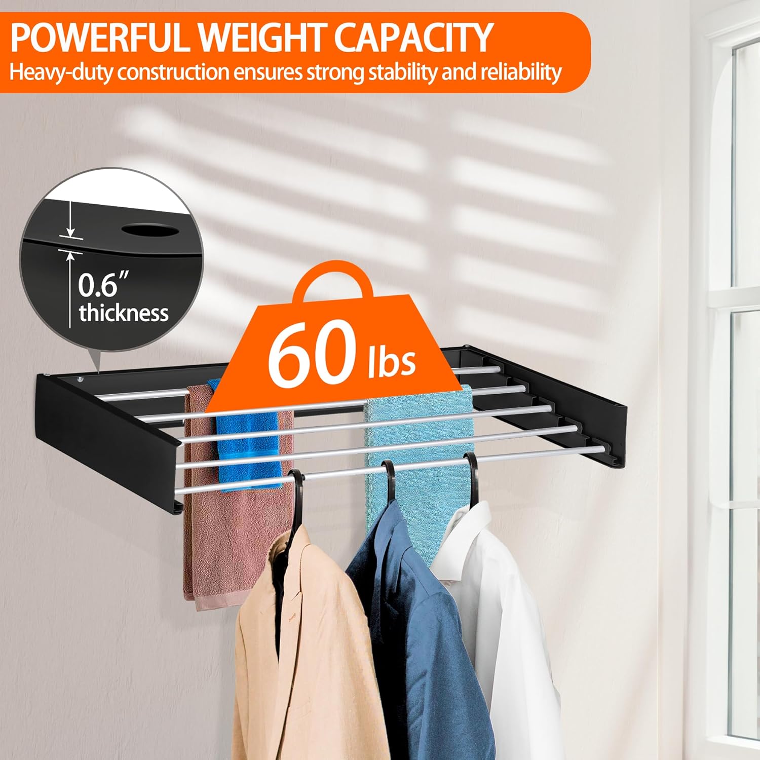 FOCHIER F Laundry Drying Rack Wall Mounted Clothes Drying Rack Collapsible with 5 Aluminum Rods and Drilling Template Long Screwdriver Bit 60 lbs Capacity (Black, 31.5") - NestledHome