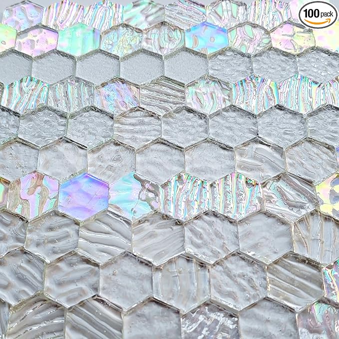 100 pcs Hexagon White Iridescence Stained Glass Pieces Mosaics Tiles for Crafts Bulk, Hand Precut Mosaic for Stained Glass Bee Honeycombs, Mosaic Kits for Adults