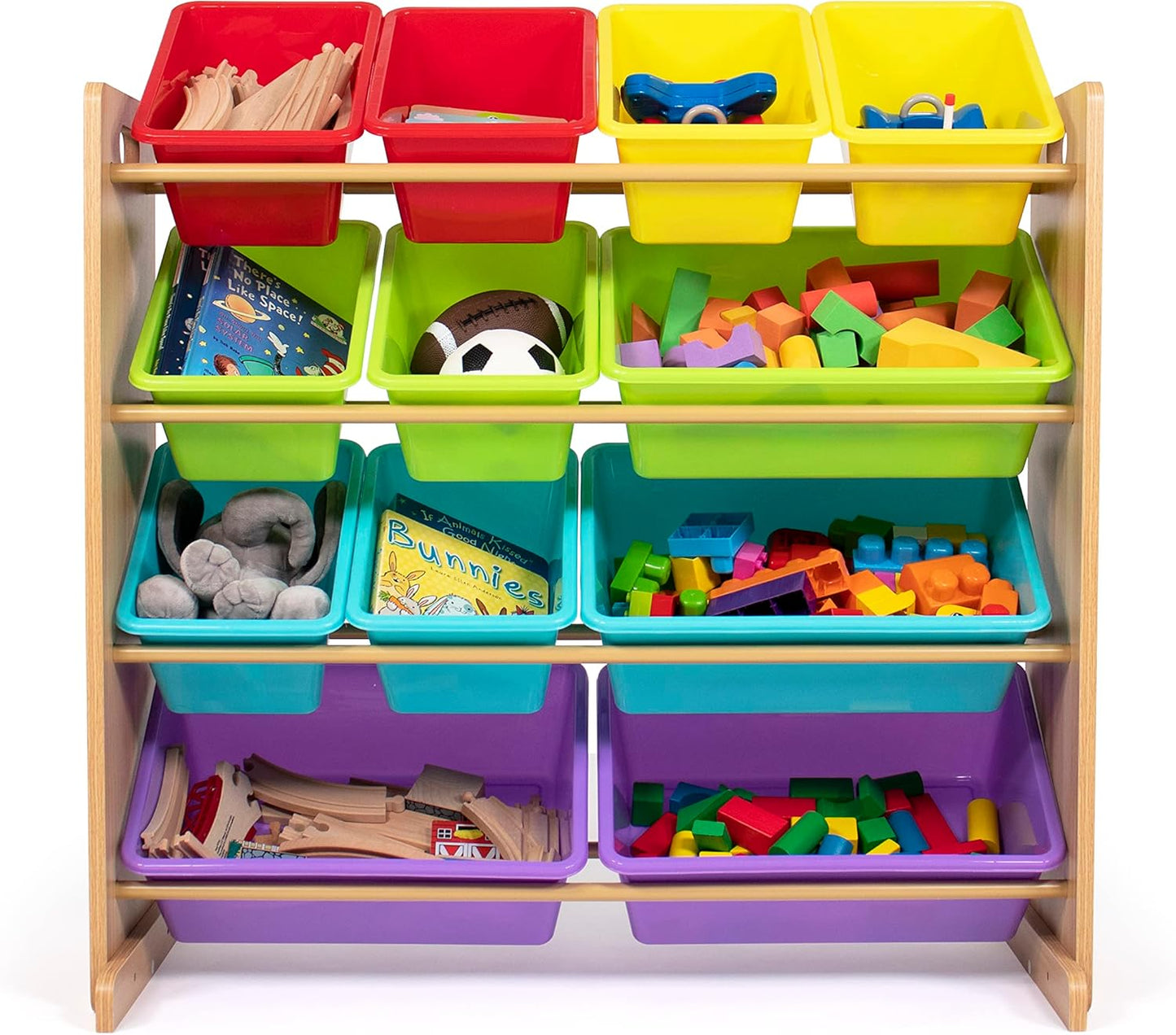 Humble Crew Kids Toy Storage Organizer with 12 Plastic Bins, Natural Wood/Rainbow – Removable Bins for Playroom, Bedroom, Toddler Furniture for Boys and Girls Ages - NestledHome