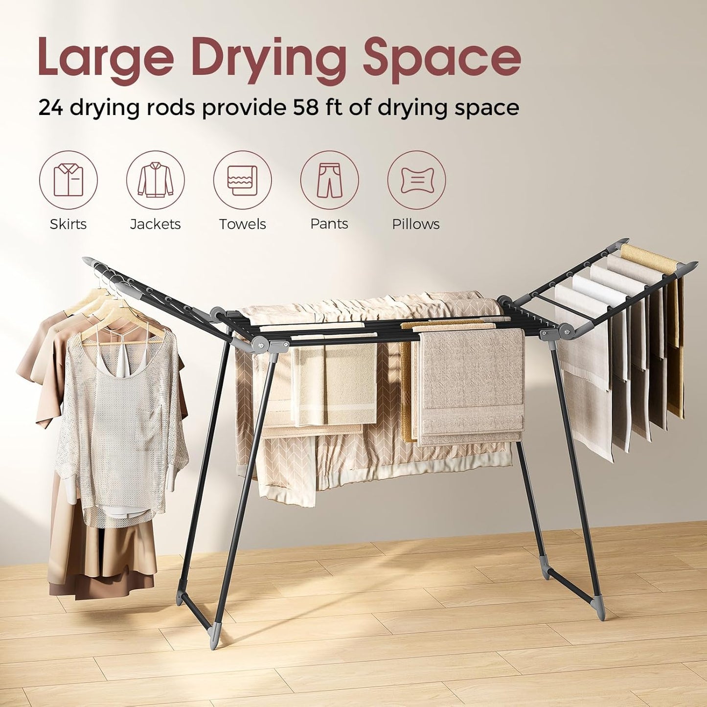 APEXCHASER Clothes Drying Rack Foldable, Large Drying Rack Clothing, Winged Laundry Rack Folding Indoor Outdoor, Metal Clothes Airer for Bedding Towel Sweater Heavy Duty, 68.9" X 23.6" X 41.3", Black - NestledHome