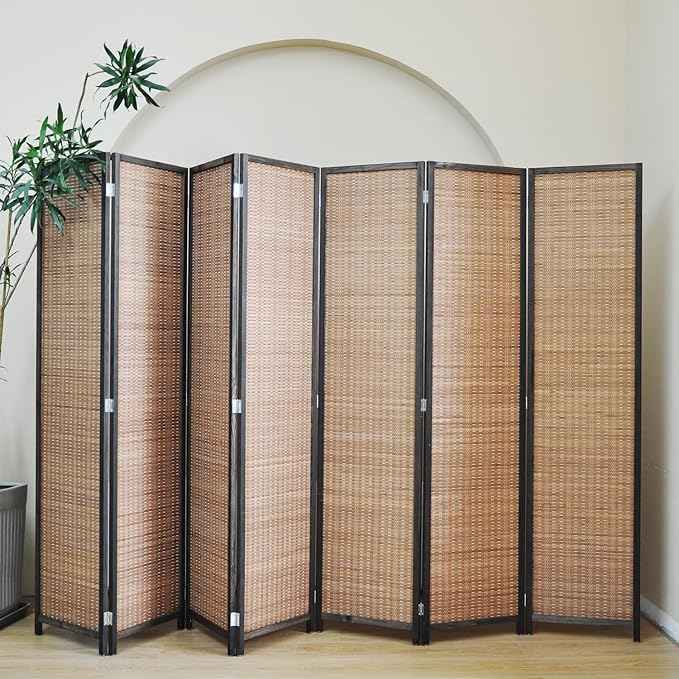 7 Panel Bamboo Room Divider – 5.6 ft Tall Folding Privacy Screen, Natural Brown Freestanding Room Partition Wall (67" H x 107.5" W)