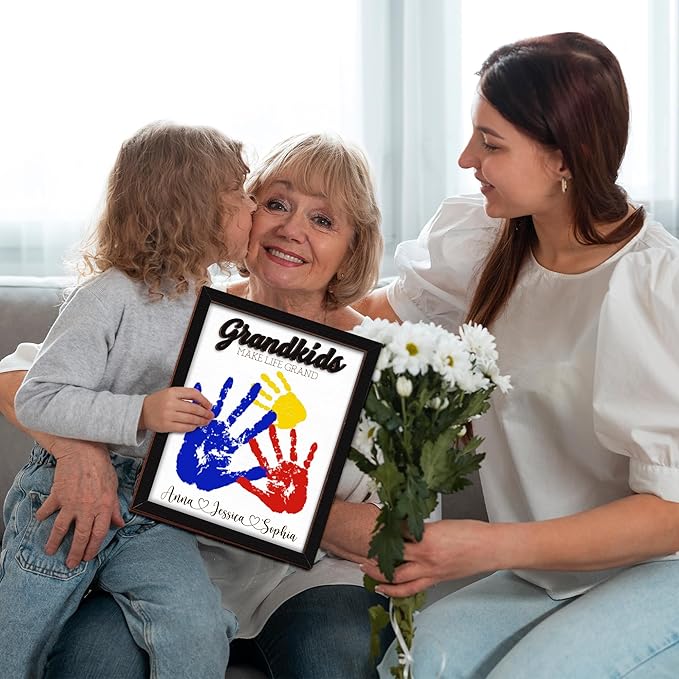 Grandma Birthday Gifts, Grandkids Handprint Sign with Paints, Art Prints Family Keepsake Mother's Day Thanksgiving Gift for Nana, Grammy, Craft Keepsake Wooden Frame, Family Gifts for New Grandma