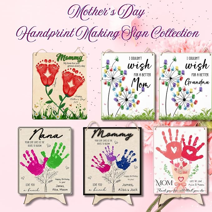 Pink Floral Bouquet DIY Baby's First Mothers Day Handprint Making Sign, Mother's Day Handprint Hanging, Mothers Day Birthday Gift from Kids Toddler Baby Gift for Mom Grandma, Children Toddler Keepsake