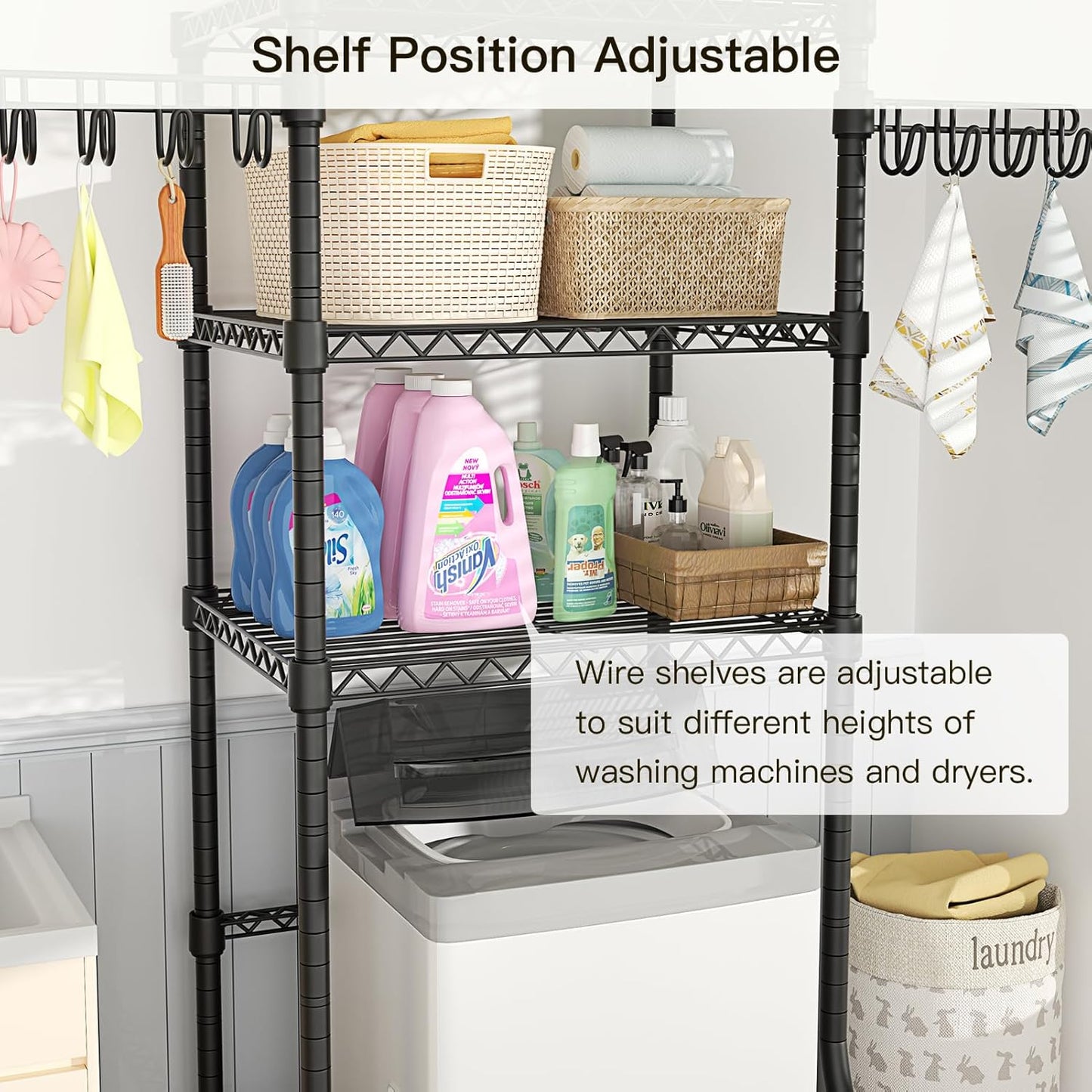 Ulif U8 Mini Laundry Room Storage Organizer, Over the Washer and Dryer Storage Shelves for Laundry Organization, 29.5”W x 17.3”D x 76.2”H, Suit Washing Machine Width within 27.1”, Hold 304 lb, Black - NestledHome