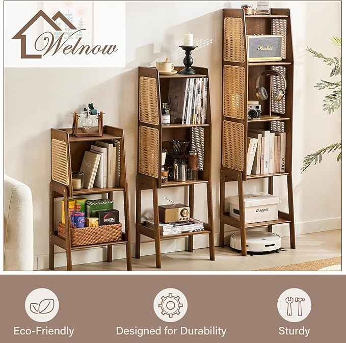 Welnow Bamboo Rattan Bookcase with Cabinet, 1-Tier Storage Shelf with Side Table & End Table Function, Large Modern Wood Organizer for Living Room or Bedroom, Walnut Bookshelf