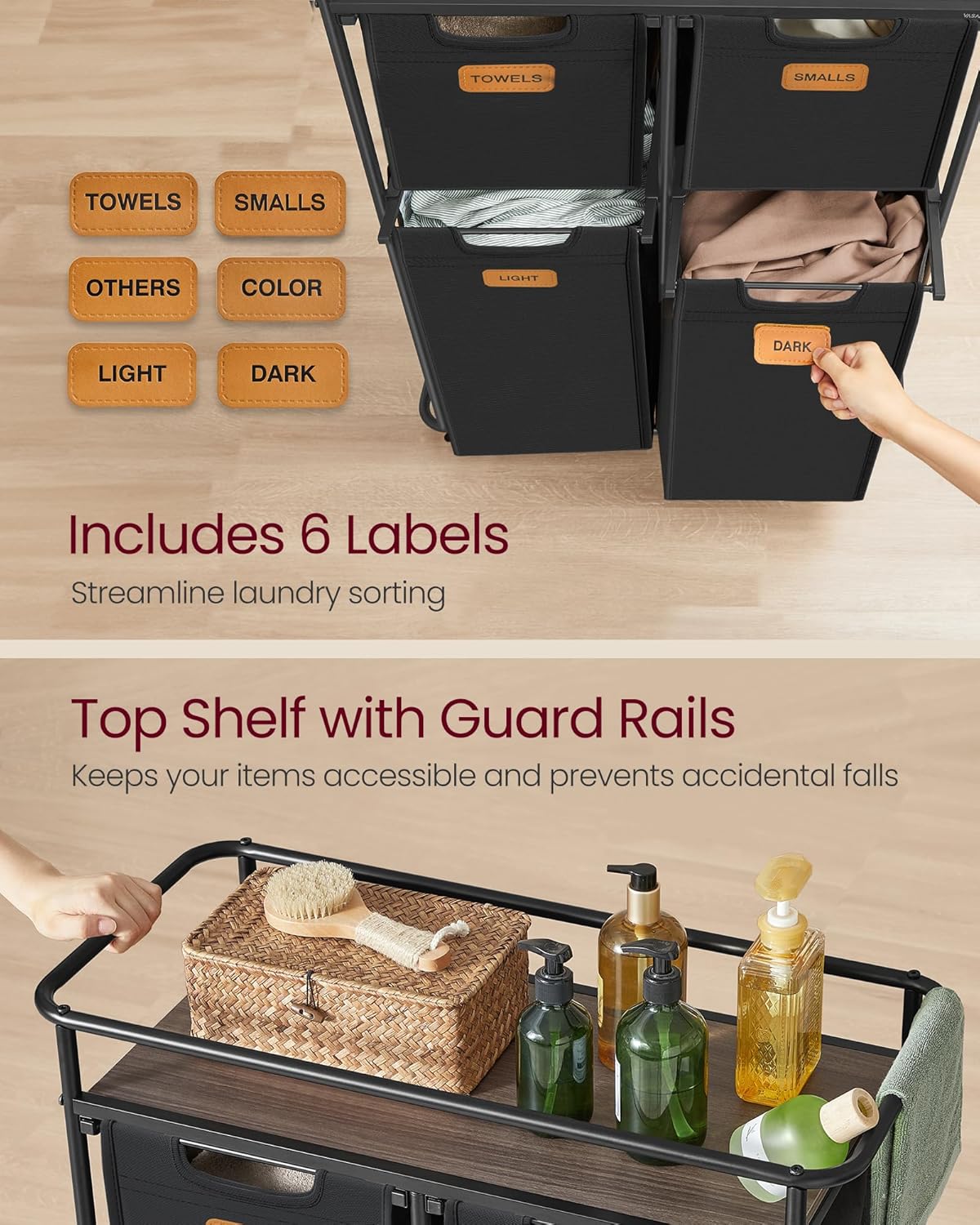 VASAGLE Laundry Sorter, Laundry Hamper with Wheels, 39.6 Gal. (150 L) Portable Rolling Cart Baskets with Shelf, 4 Removable Liners and 6 Labels, Ink Black and Chestnut Brown URLS100B01 - NestledHome