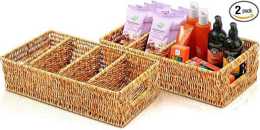 Nature-Inspired Rattan Pantry Organizer Baskets Set of 2 with 3 Removable Dividers – Handwoven Storage Bins for Kitchen or Bathroom Organization, Ideal for Snacks, Coffee & Tea (13” x 7.3” x 3.7”)