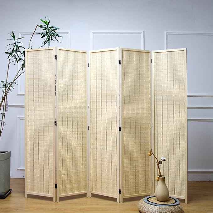5 Panel Bamboo Room Divider – 5.6 ft Tall Folding Privacy Screen, Natural Beige Freestanding Room Partition Wall for Home Office (67" x 76.75", 5-Panel)