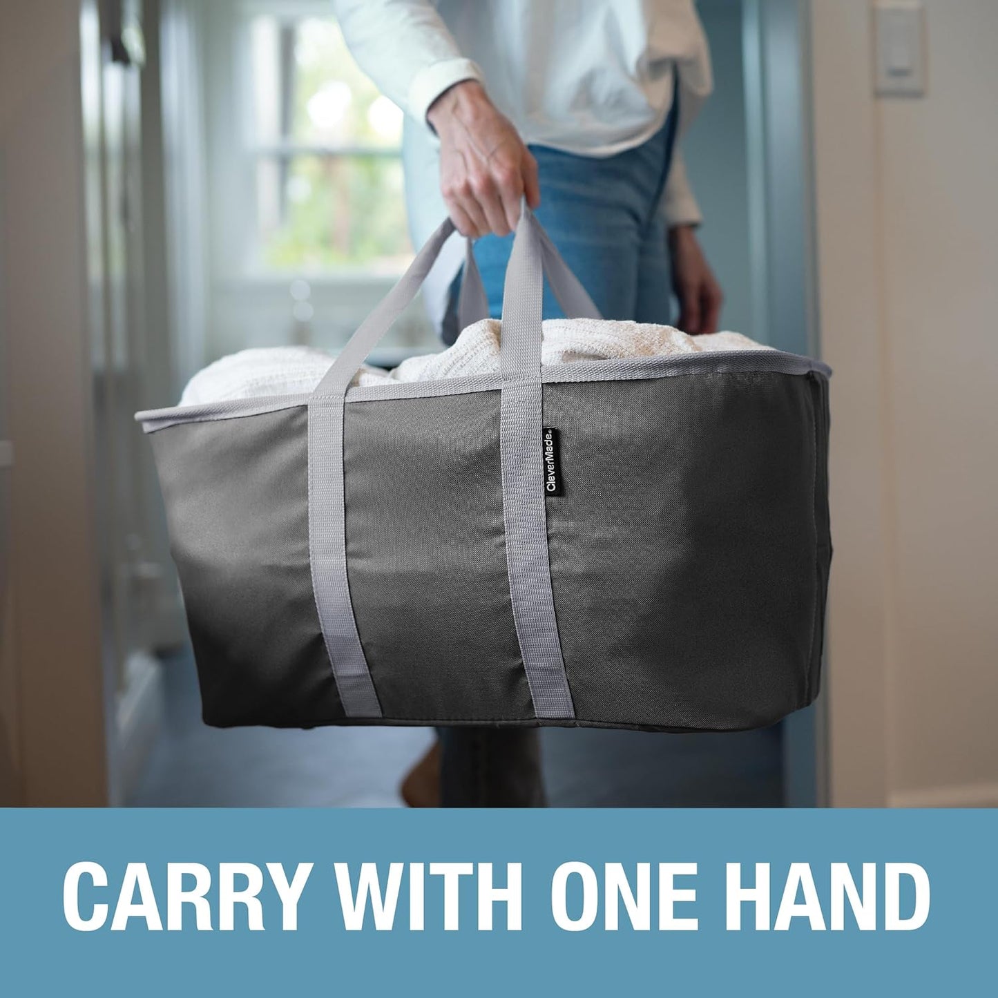 CleverMade Collapsible Laundry Tote - Denim Charcoal 2-Pack 50L - Foldable Storage Organization Container for Clothes Laundry Room Storage Solution - NestledHome