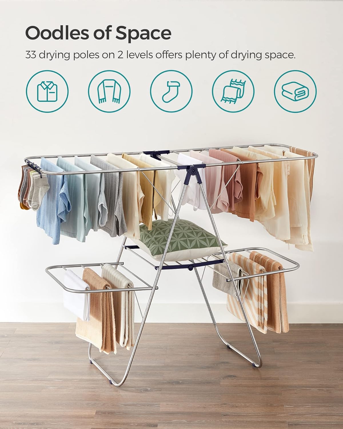 SONGMICS Clothes Drying Rack, Foldable 2-Level Laundry Drying Rack, Free-Standing Laundry Airer, with Height-Adjustable Wings, 33 Drying Rails, Sock Clips, Silver and Blue ULLR53BUV1 - NestledHome