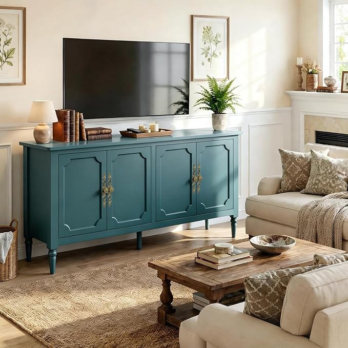 RoyalCraft 59" Buffet Cabinet with Storage, Vintage Sideboard with Adjustable Shelves & Carved Handle, Mid Century Modern Painted Credenza Coffee Bar for Kitchen, Dining Room, Turquoise Blue