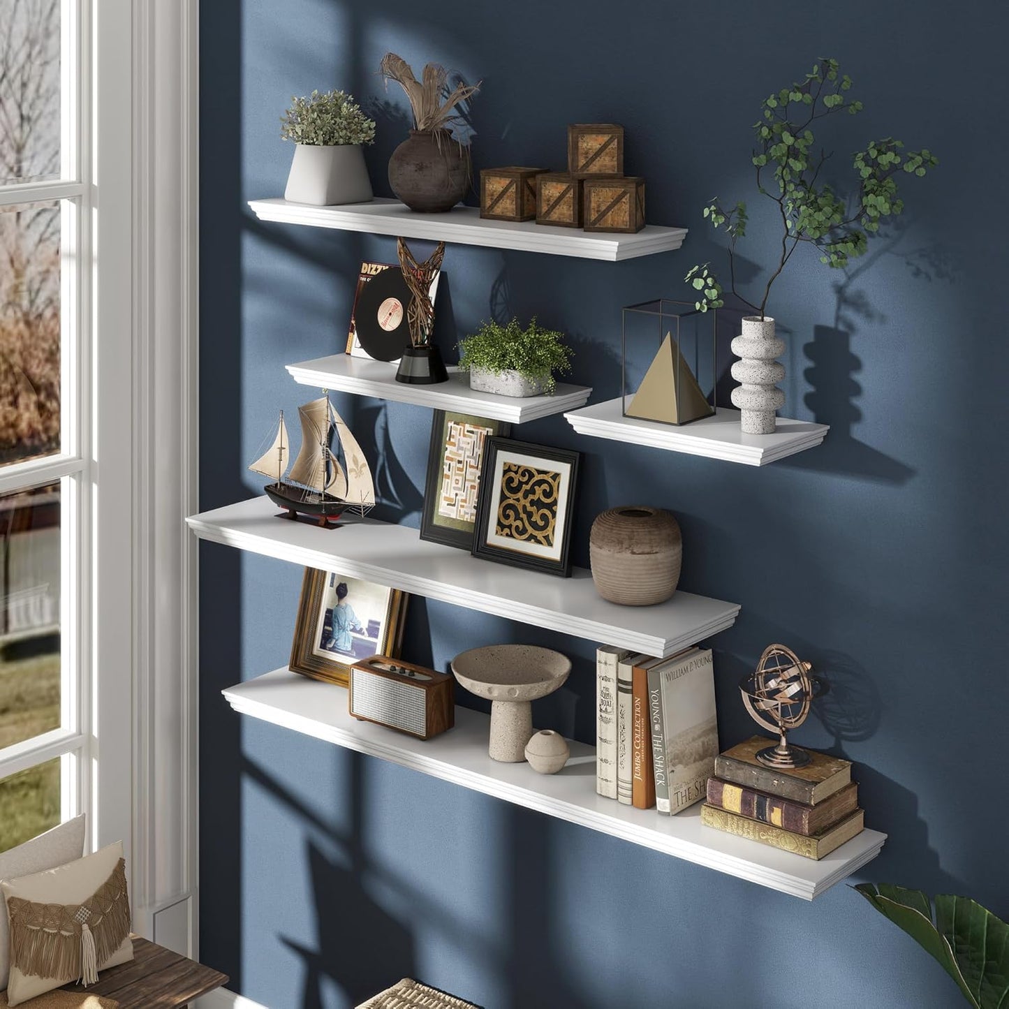 Floating Shelves for Wall, 48 Inch Long Wall Mounted White Hanging Shelf for Kitchen, Living Room, Office, Bedroom, Bathroom, Retro Vintage Wood Bookshelf for House Decor - NestledHome