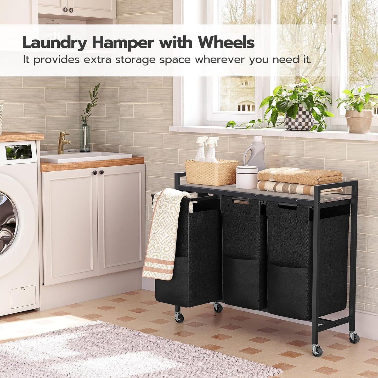 HOOBRO Laundry Sorter 3 Section, Laundry Hamper with Wheels, 3 × 11.5 Gal (43.4L), Rolling Laundry Basket, Pull-Out and Removable Oxford Fabric Bags, Greige and Black BG76XY01 - NestledHome