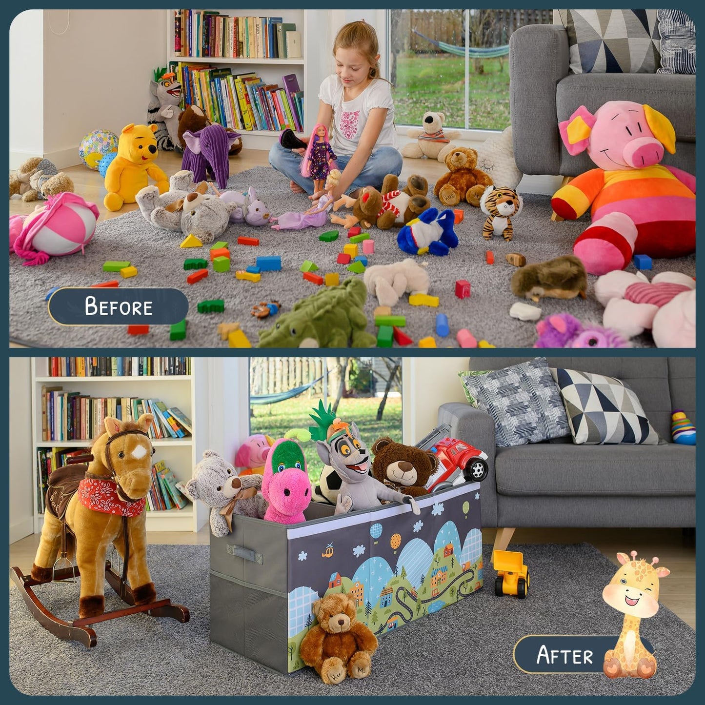 Extra Large Toy Storage Organizer with Lid - Sturdy, Collapsible Toy Chest Storage Box with Cute Design - Toys Bin with Dividers for Kids, Boys, Girls, Nursery, Bedroom, Play room 37"x16"x14" - NestledHome