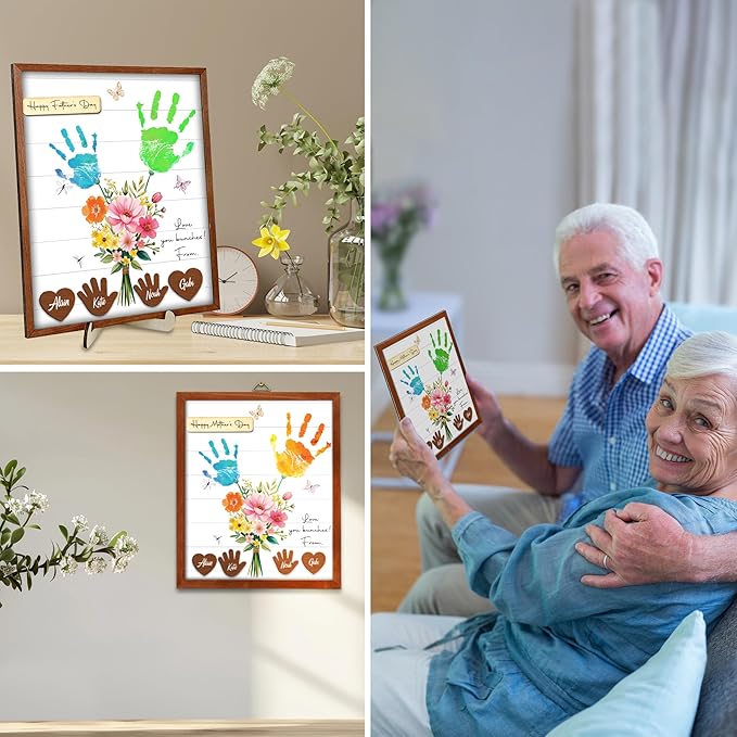 12" DIY Handprint Kit with Non-Toxic Paints, Mothers Day Father's Day Art Craft Family Keepsake Wooden Frame, Birthday Gifts for Mum, Daddy, Grandparents, Nana, Mimi from Daughter Son HF279