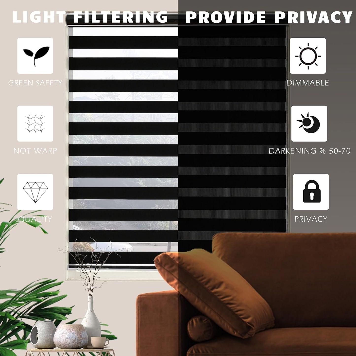 Blackout Zebra Blinds, Dual Layer Free-Stop, Room Darkening Zebra Shades, Blinds for Indoor Windows, Light Filtering Privacy Sheer Shade for Home(41" W X 72" H, Black)