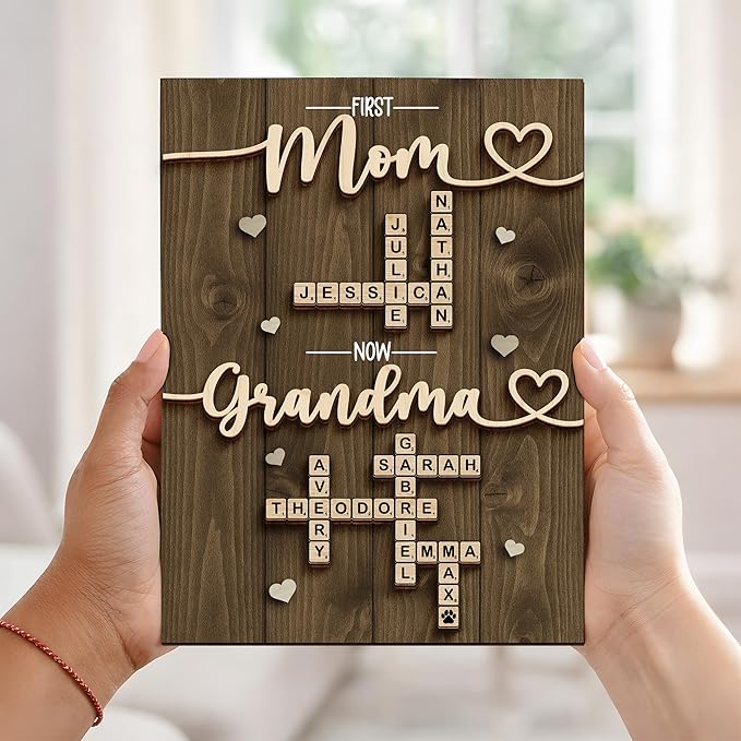 Personalized Family Scrabble Name Sign, Mom Gifts for Mothers Day from Son Daughter, Custom Crossword Tiles Letter Plaque, Birthday Gift for Nana, Grandma, Mimi, First Mom Now Grandma Keepsake