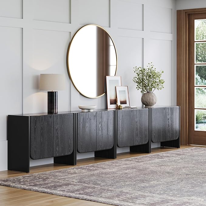 Nathan James Jacala Mid Century Modern Entryway Storage Cabinet with Doors, Living Room Accent Cabinet with Wood Frame, Black Oak Set of 4