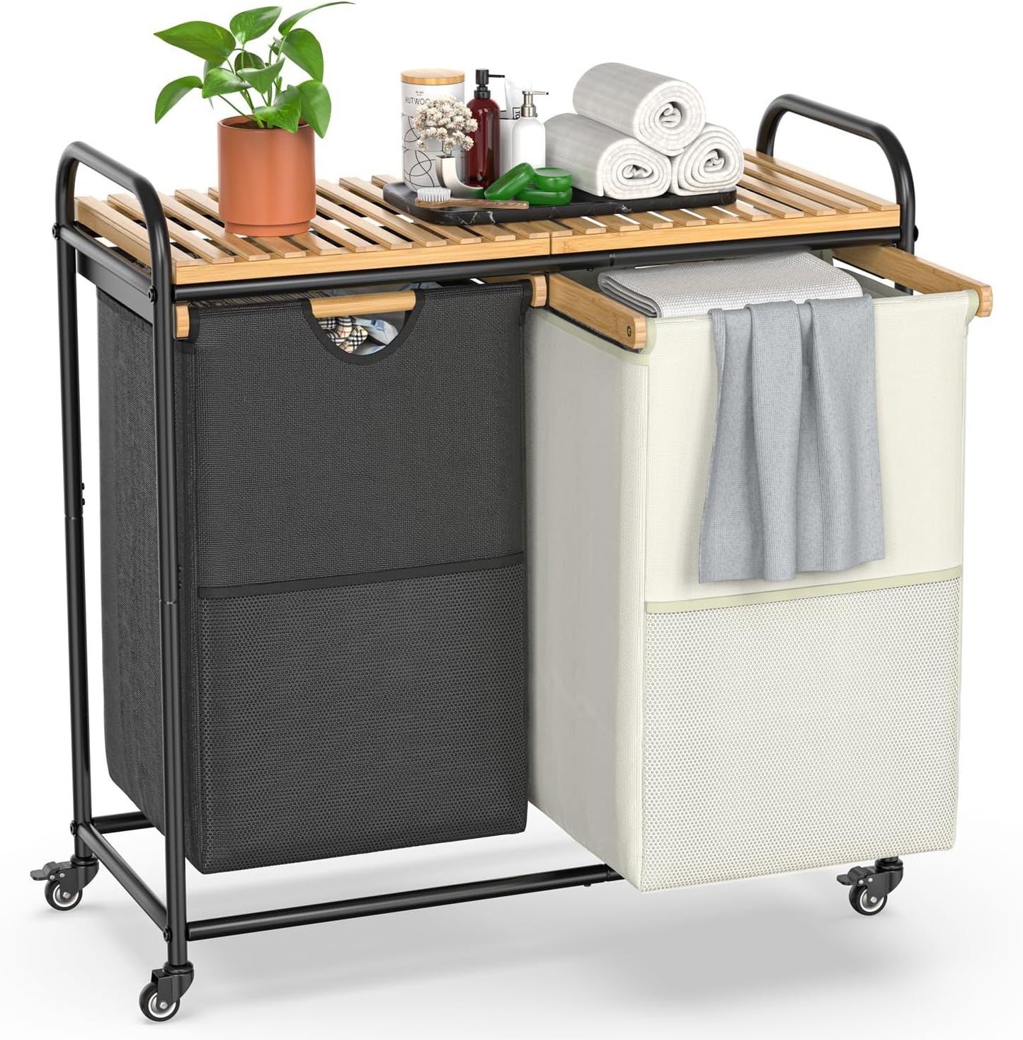 Laundry Hampers 2 Section, Laundry Sorter with Removable Shelf and Pull-Out Bags, Clothes Hampers with Wheels Rolling Cart Basket for Laundry Room Bathroom, 2 x 50 L (Black White) - NestledHome