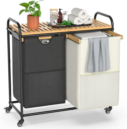 Laundry Hampers 2 Section, Laundry Sorter with Removable Shelf and Pull-Out Bags, Clothes Hampers with Wheels Rolling Cart Basket for Laundry Room Bathroom, 2 x 50 L (Black White) - NestledHome
