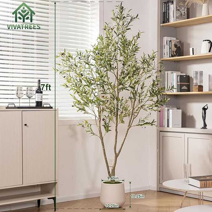Olive Trees Artificial Indoor, 7FT Tall Faux Olive Tree with White Tall Planter, Artificial Plants with Natural Wood Trunk and Lifelike Fruits for Home Office Decor