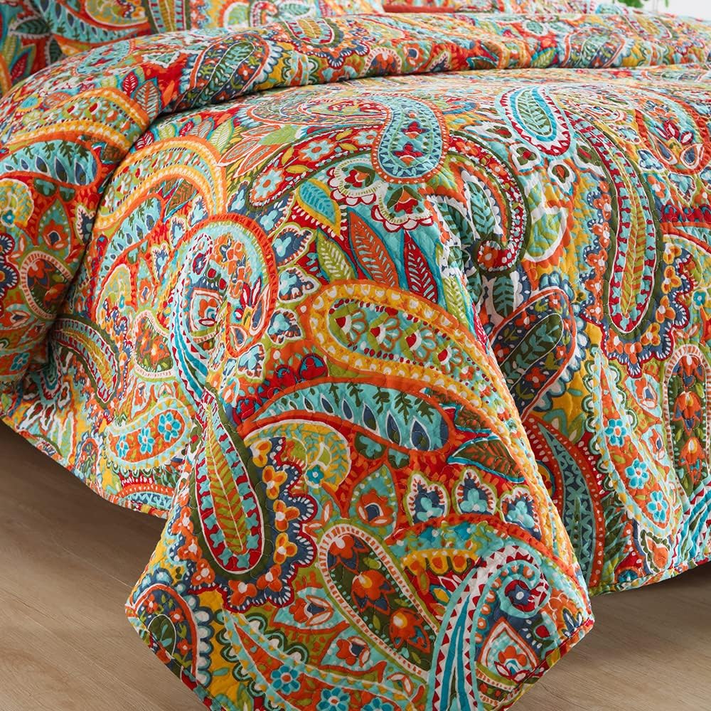 Autumn Dream Cotton Bedspread Quilt Sets, 3 Pieces Reversible Comforter Coverlet Sets, Yellow Gorgeous Paisley Bedspread,King Size