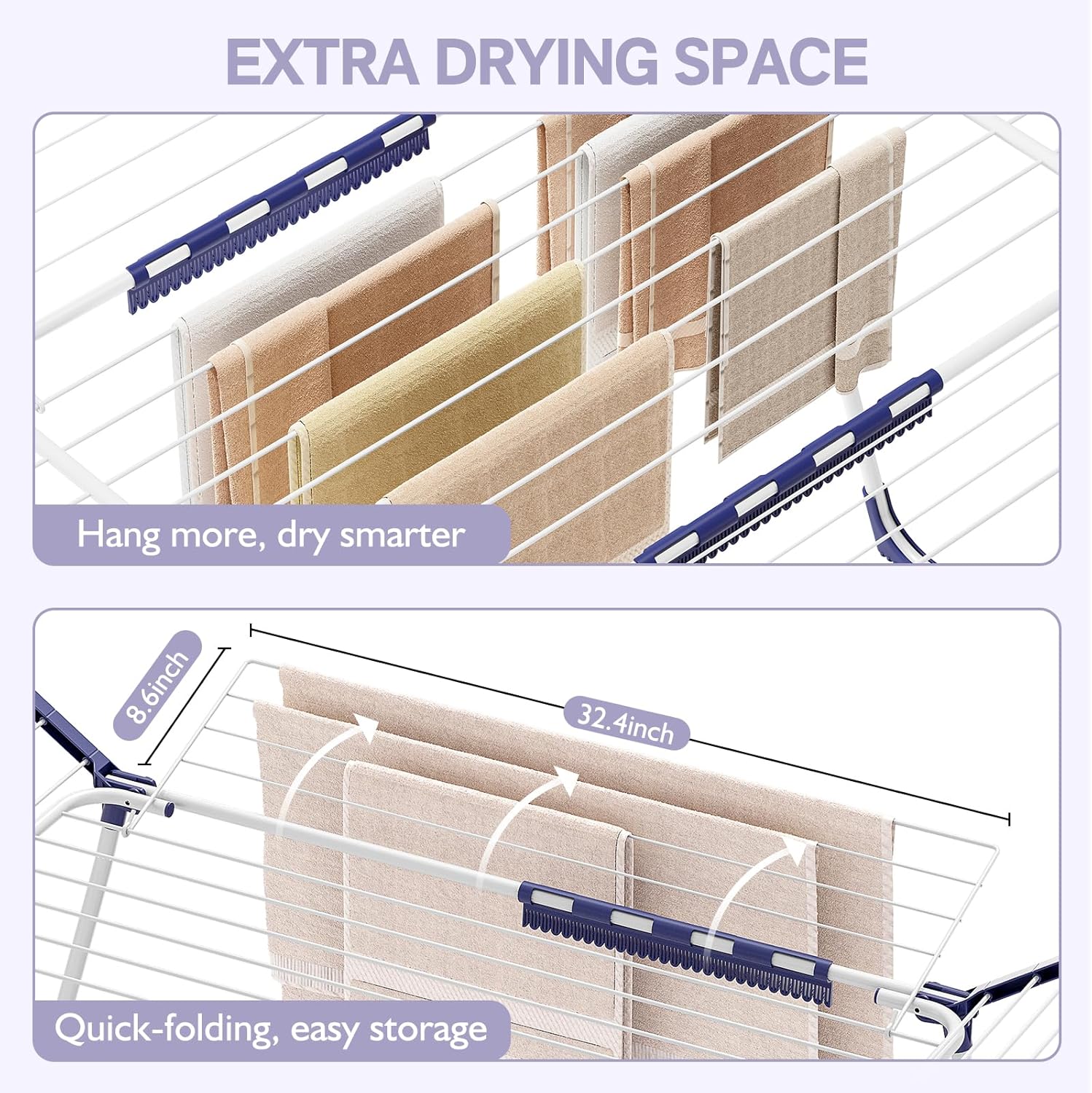 APEXCHASER Clothes Drying Rack Foldable, Drying Rack Clothing Large Space, Winged Laundry Rack with Sock Clips for Hanging Towels Clothes Dress Bedding Indoor Outdoor, White - NestledHome