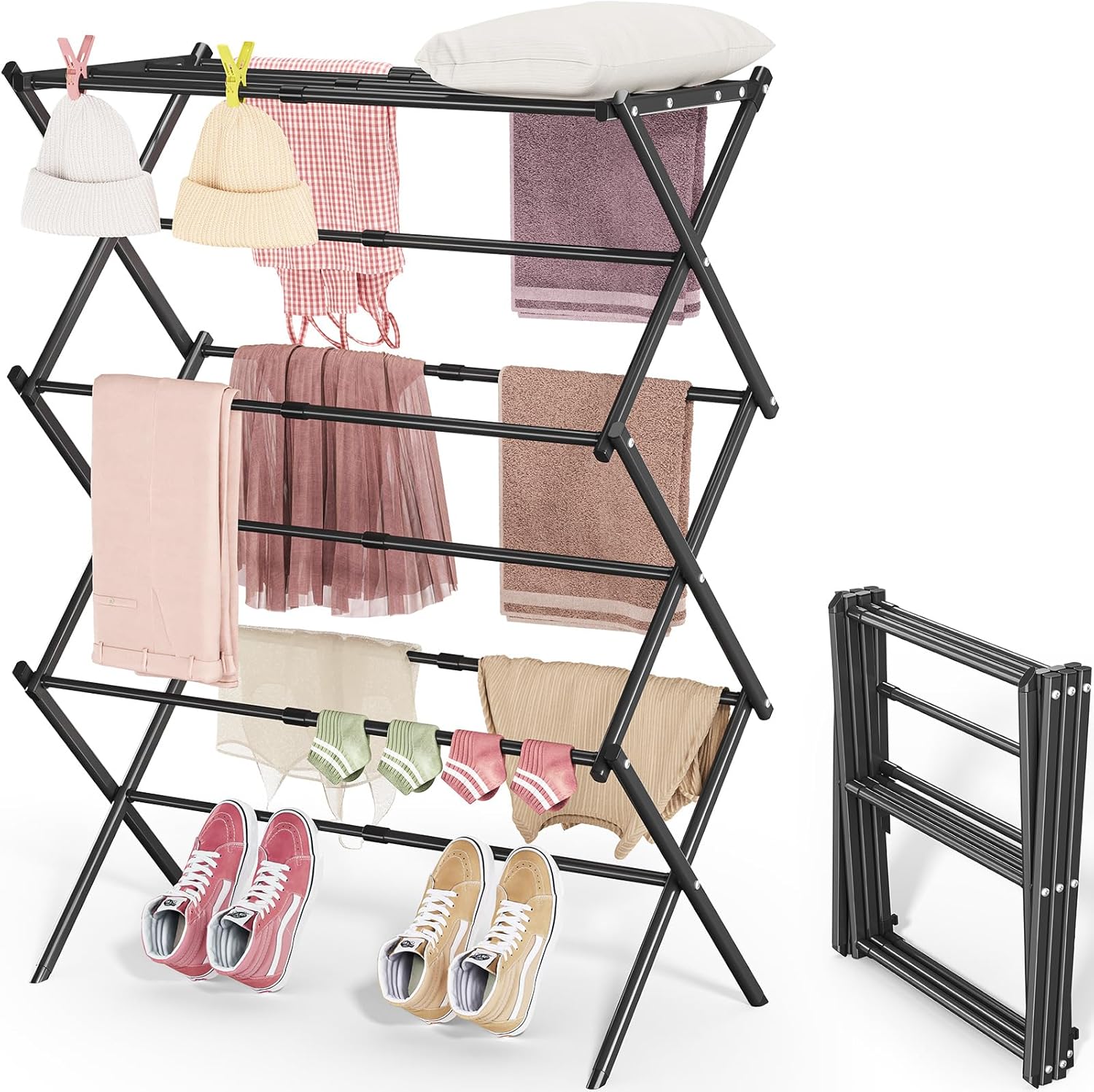 APEXCHASER Clothes Drying Rack, 3-Tier Laundry Drying Rack for Clothes, Expandable Metal Clothing Dryer, Collapsible Towel Rack, Air Drying Rack, Black - NestledHome