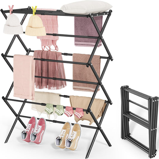 APEXCHASER Clothes Drying Rack, 3-Tier Laundry Drying Rack for Clothes, Expandable Metal Clothing Dryer, Collapsible Towel Rack, Air Drying Rack, Black - NestledHome