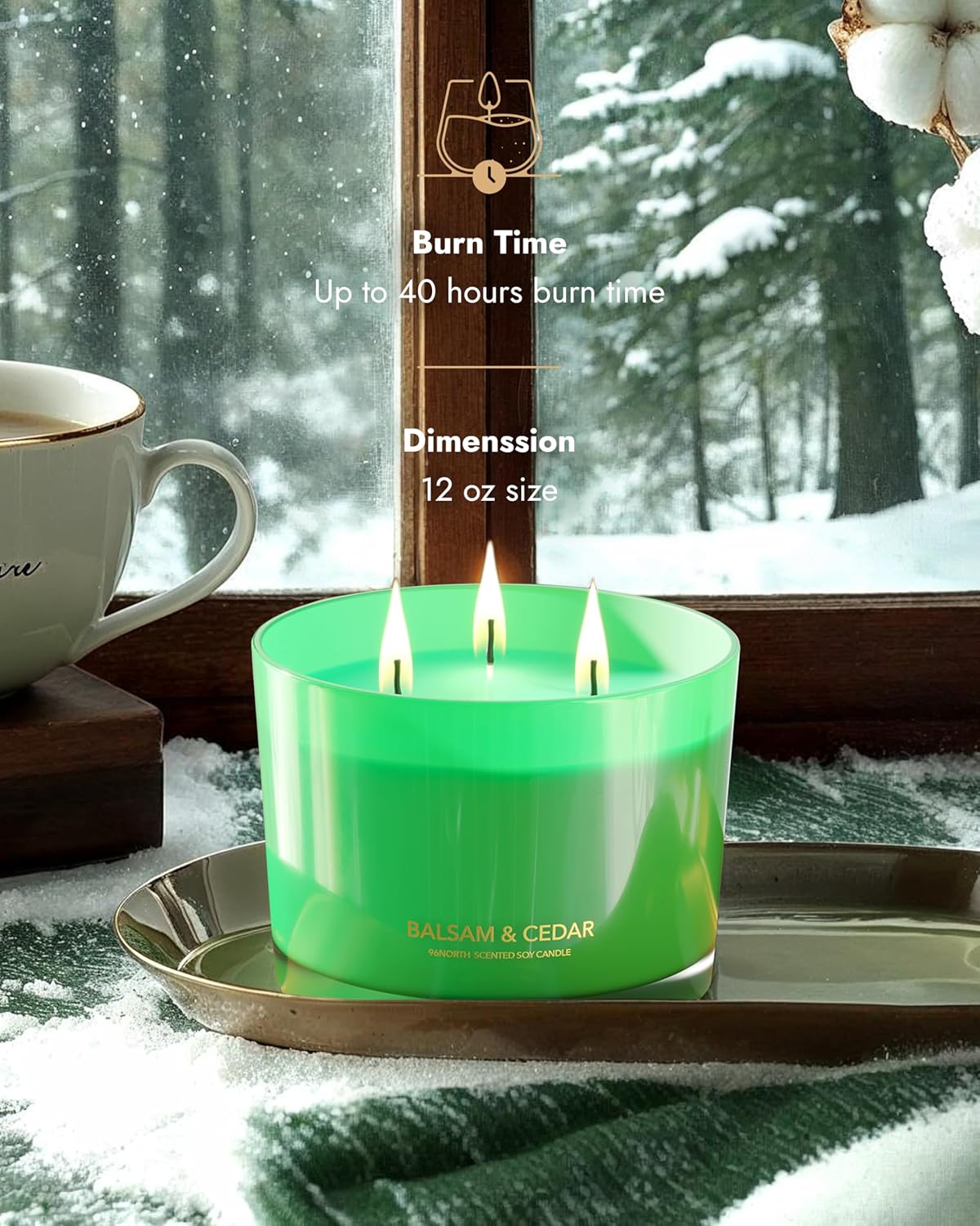 96NORTH Luxury Candle Balsam & Cedar Scented | Large 3-Wick Jar Candle | Up to 40 Hours Burning Time | 100% Natural Soy Wax | Ideal Christmas Candles Gift - NestledHome