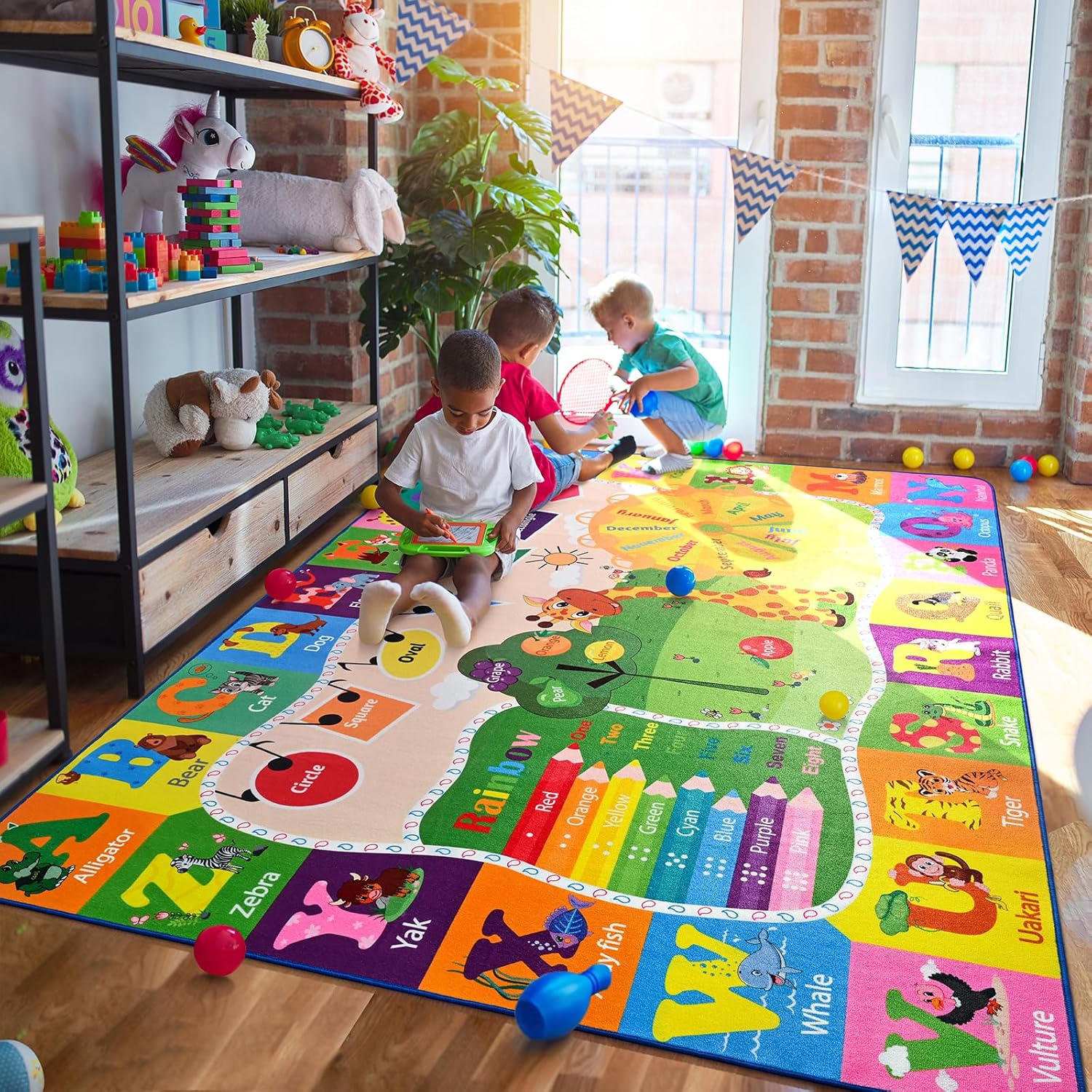 5x7 Playroom Rugs for Kids Washable, Educational and Fun Playmat with ABC Alphabet Animals Shapes Colors, Non-Slip Play Mat Learning Rugs for Baby Toddler Children Game Activity - NestledHome
