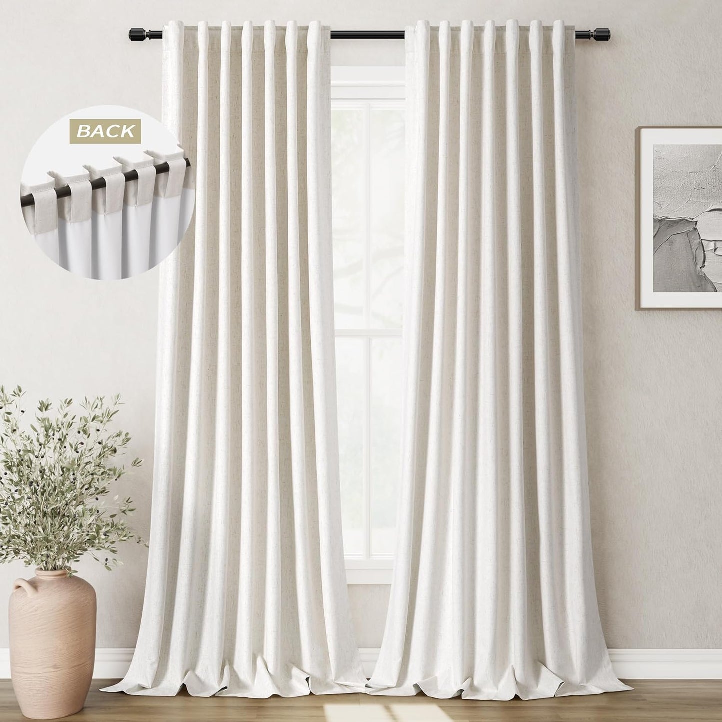 Natural Linen 100% Blackout Curtains for Bedroom 102 Inch Long 2 Panels Window Curtain Floor To Ceiling Length for Living Room Sliding Glass Door Back Tab Cream Linen Room Darkening Drapes 52x102