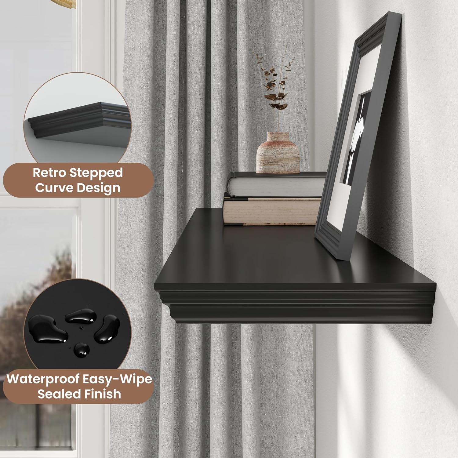 Floating Shelves for Wall, 55 Inch Long Wall Mounted Black Hanging Shelf for Kitchen, Living Room, Office, Bedroom, Bathroom, Retro Vintage Wood Bookshelf for House Decor - NestledHome