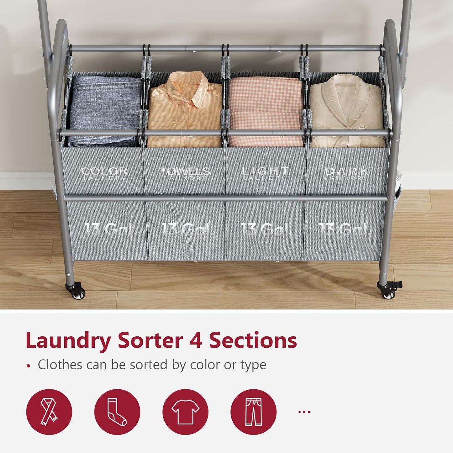 Tajsoon Laundry Sorter with Hanging Bar, 4 Section Rolling Laundry Hamper with Heavy Duty Lockable Wheels, Laundry Sorter Cart for Bathroom & Bedroom, Gray - NestledHome