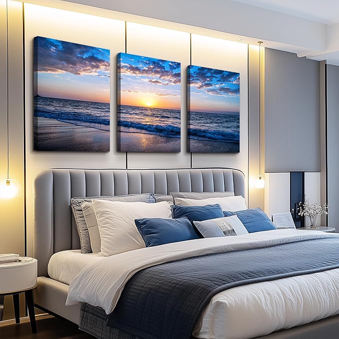 Canvas Wall Art For Living Room Sunrise Blue Sea View Landscape Wall Decor Canvas Prints Artwork Ocean Ready To Hang For Modern Bedroom Bathroom Office Home Decoration 20" X 28" 3 Pieces Framed Panels