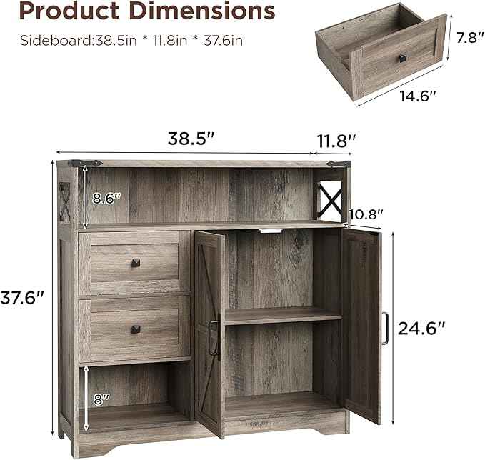 Vabches Farmhouse Buffet Sideboard Cabinet with Drawers and Open Shelf, 38.5" Storage Cabinet with Adjustable Shelves and Door, Modern Coffee Bar Hutch Pantry for Kitchen, Living Room, Entryway, Grey