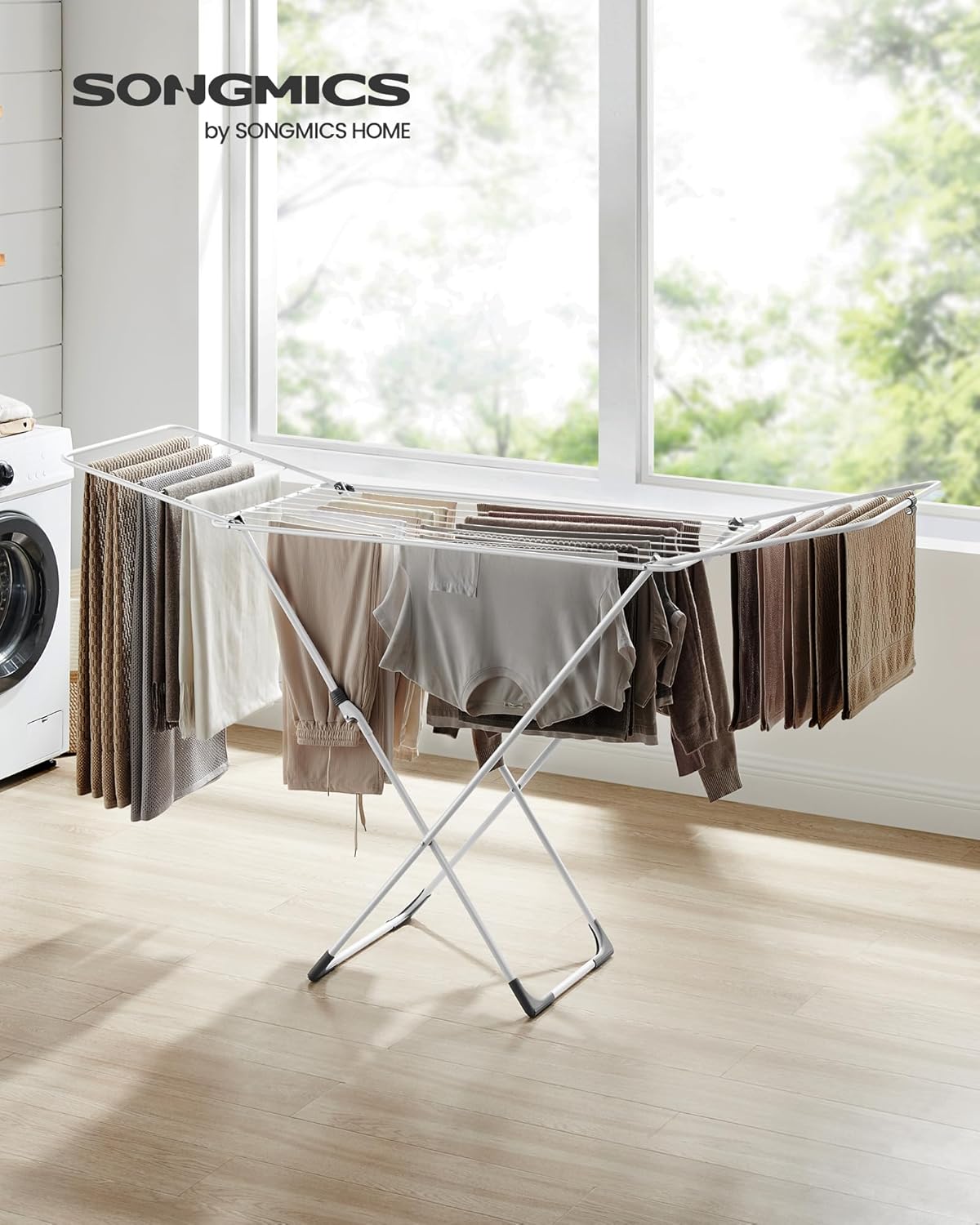 SONGMICS Clothes Drying Rack, Metal Laundry Drying Rack, Foldable, Space-Saving, Free-Standing Airer, with 2 Gullwings, Indoor Outdoor Use, Bed Linen Clothing, White ULLR540W01 - NestledHome