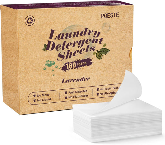 Poesie Laundry Detergent Sheets Lavender Scent 160 Sheets 80 Large Loads Soap Sheets Eco-Friendly Zero Plastic Hypoallergenic Portable Green Package Liquid Less HE Washing Detergent Strips for Save Place Traveling No Waste - NestledHome
