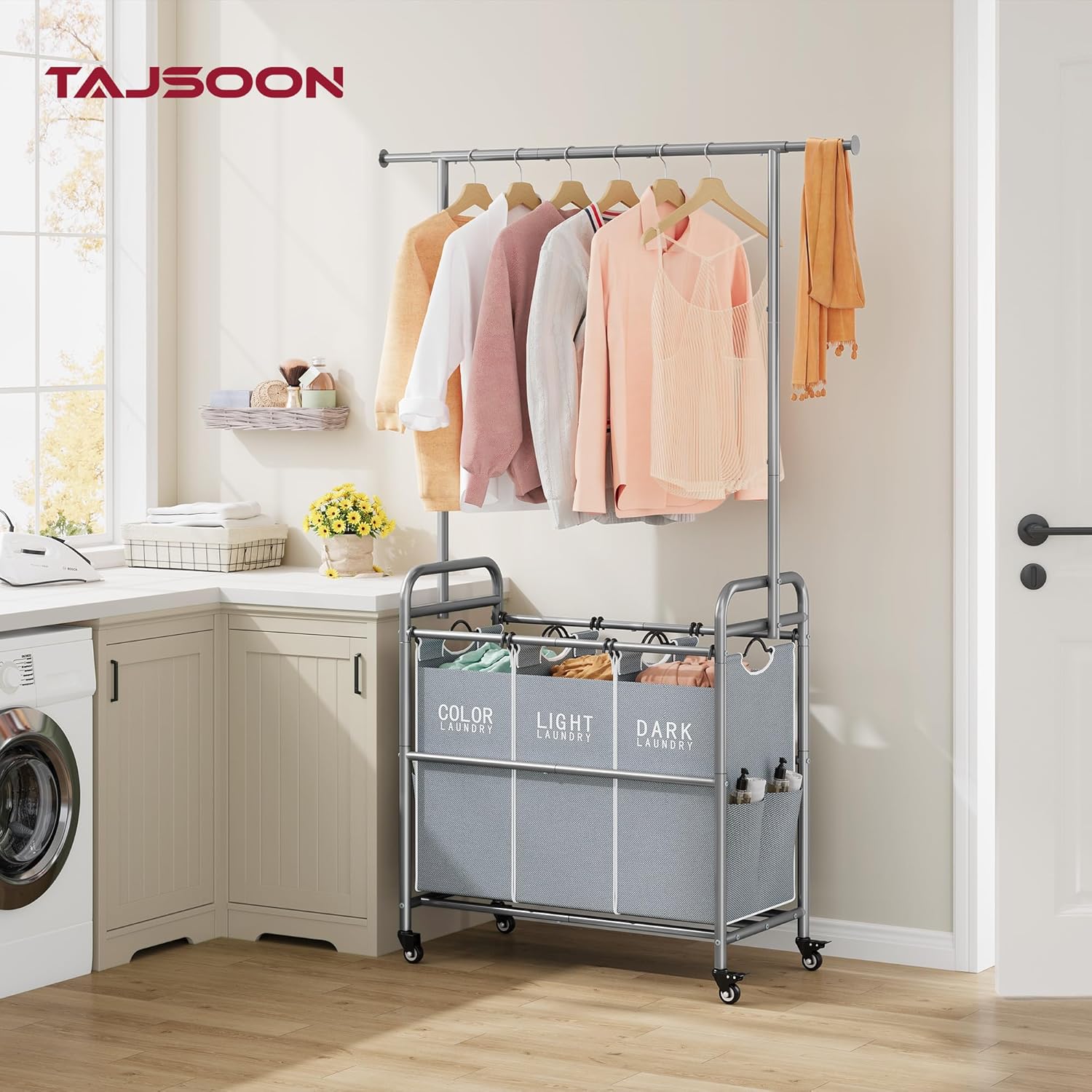 Tajsoon Laundry Sorter with Hanging Bar, 3 Section Rolling Laundry Hamper with Heavy Duty Lockable Wheels, Laundry Basket with Hanging Rack for Bedroom, 3 Gray - NestledHome