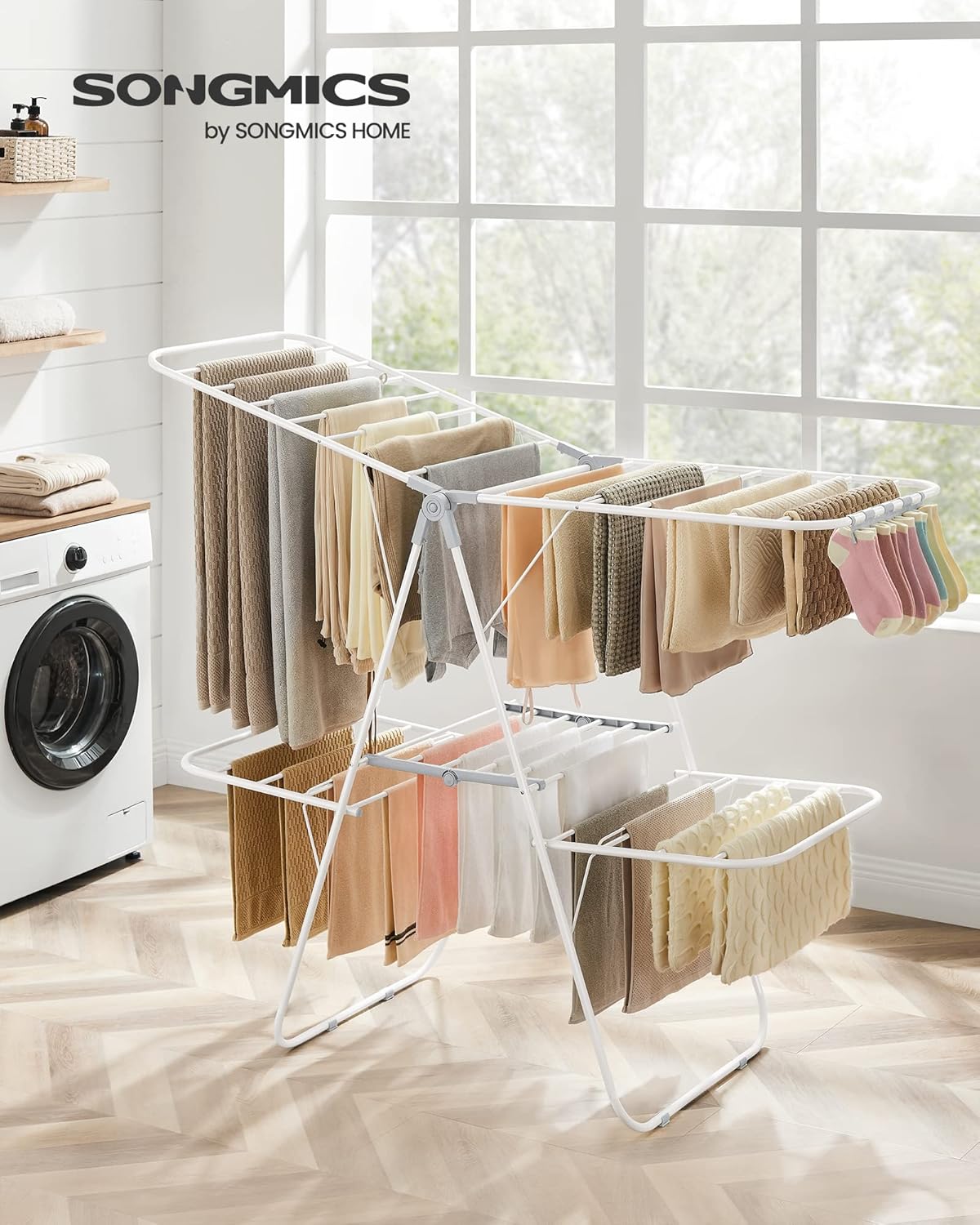 SONGMICS Clothes Drying Rack, Foldable 2-Level Laundry Drying Rack, Free-Standing Laundry Airer, with Height-Adjustable Wings, 33 Drying Rails, Sock Clips, White and Gray ULLR053G01V1 - NestledHome