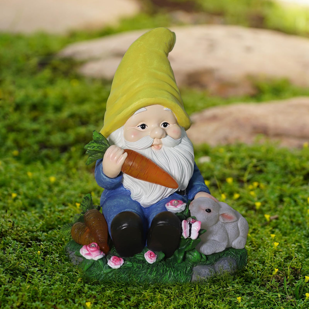Solar Garden Outdoor Statues Gnome Feeding Rabbit with 6 LED Lawn Decor Outside Decorations for Patio