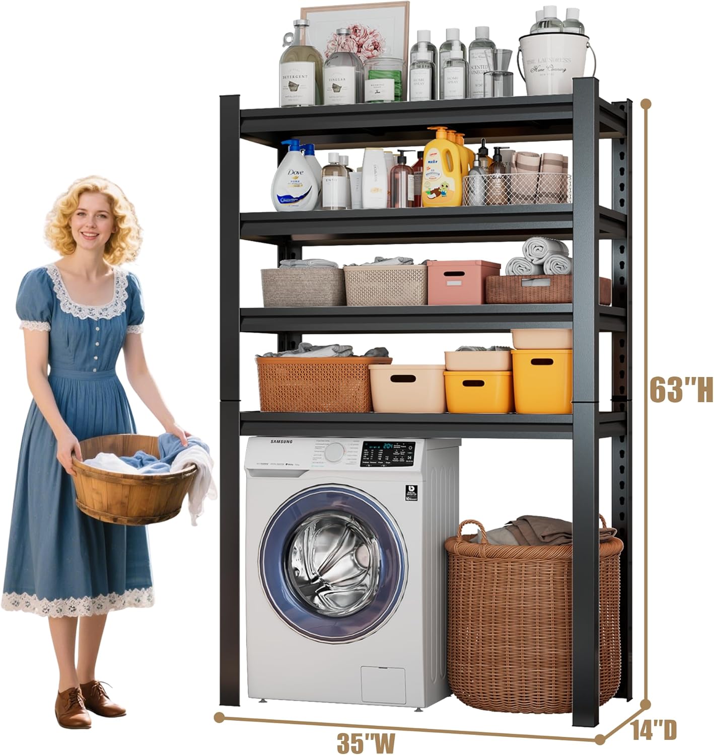 Laundry Room Storage Organizer, Over The Washer and Dryer Storage Shelves for Laundry Organization, 35" W x 14" D x 63" H, Suit Washing Machine Width Within 32.6", Hold 500 lb, Black - NestledHome
