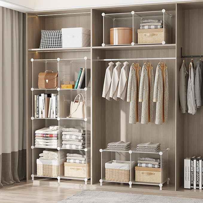 AWTATOS Cube Storage Organizer, 16 Cube Closet Organizers and Storage Shelves, DIY Stackable Bookshelf for Bedroom, Home, Translucent Twill