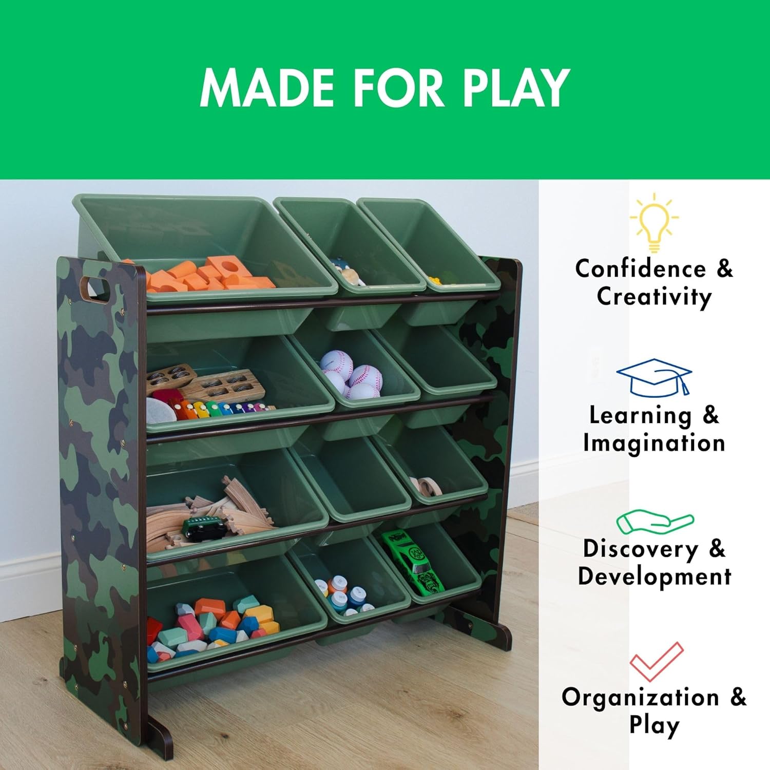 Humble Crew Kids Toy Storage Organizer with 12 Plastic Bins, Camo – Removable Bins for Playroom, Bedroom, Toddler Furniture for Boys and Girls Ages - NestledHome